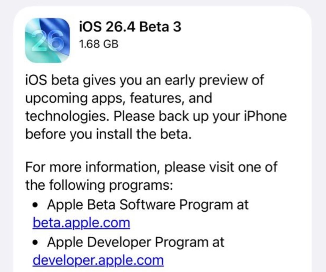 Как скачать iOS 26.4 beta 3. Новая версия уже есть в настройках Айфона. Фото.