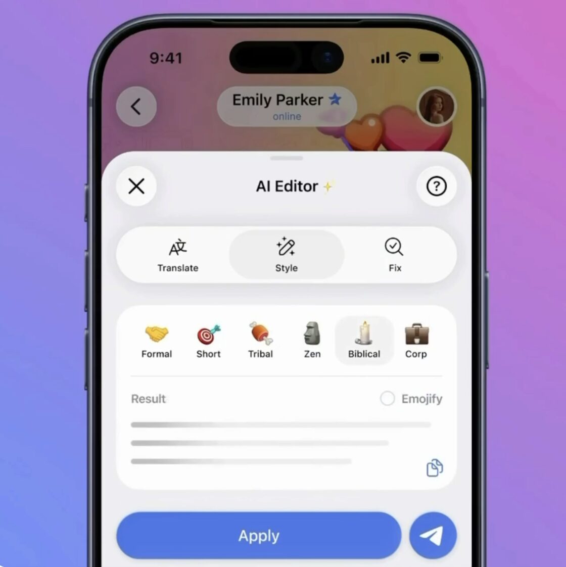 ИИ-редактор сообщений в Telegram — как исправить текст перед отправкой. Есть несколько стилей на выбор. Фото.