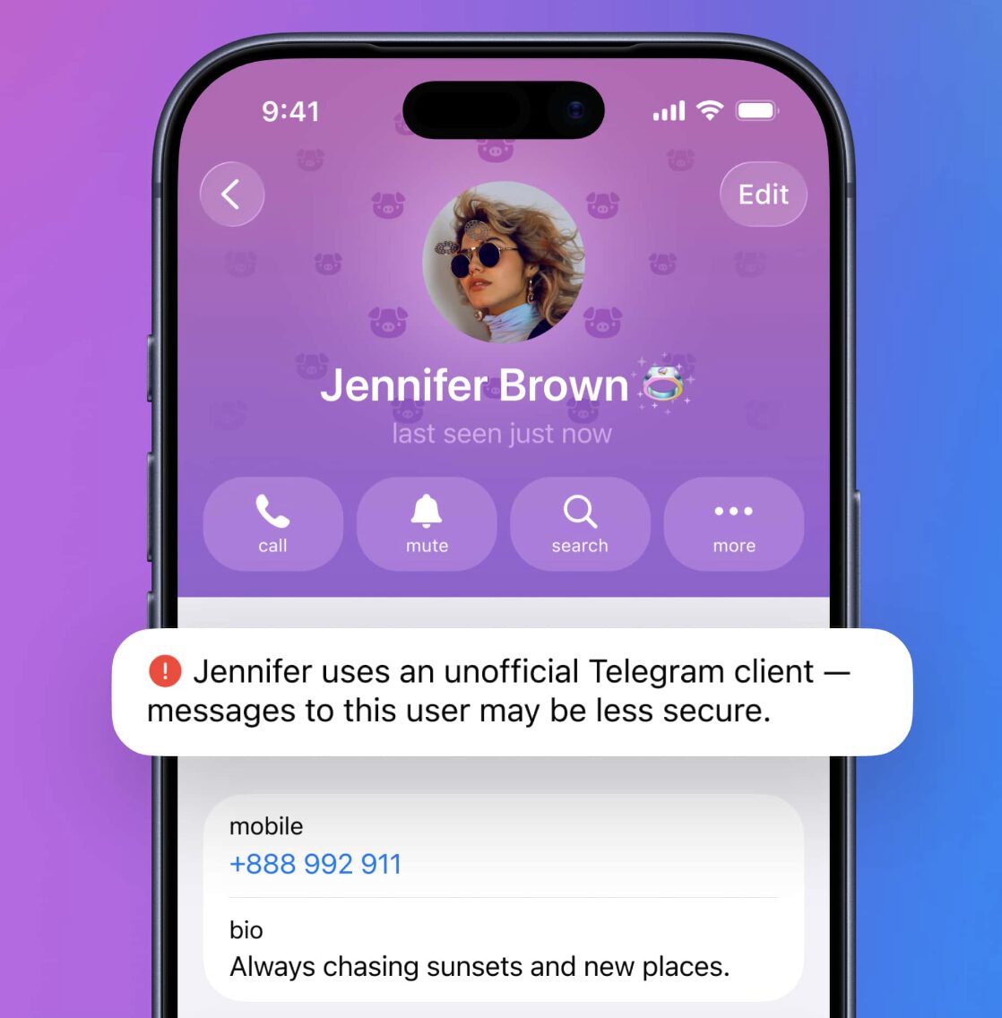 Неофициальные клиенты Telegram — почему они опасны. Вот такая отметка появится у всех, кто использует неофициальный клиент. Фото.