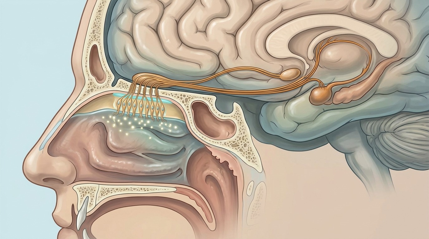 Анатомическое строение носовой полости и обонятельный нерв, ведущий к мозгу. Фото.