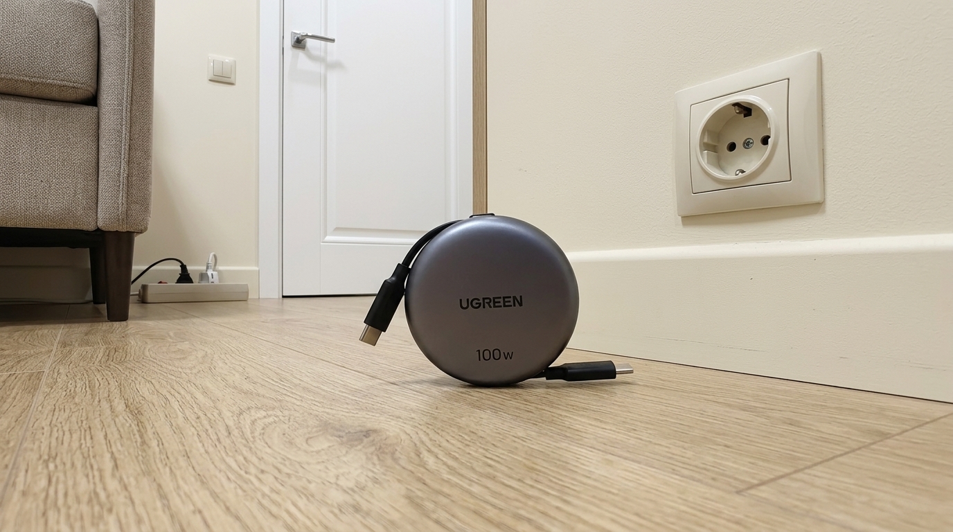 Выдвижной кабель UGREEN с USB-C. Кейс размером с монету, а внутри — полноценный кабель для зарядки.. Фото.