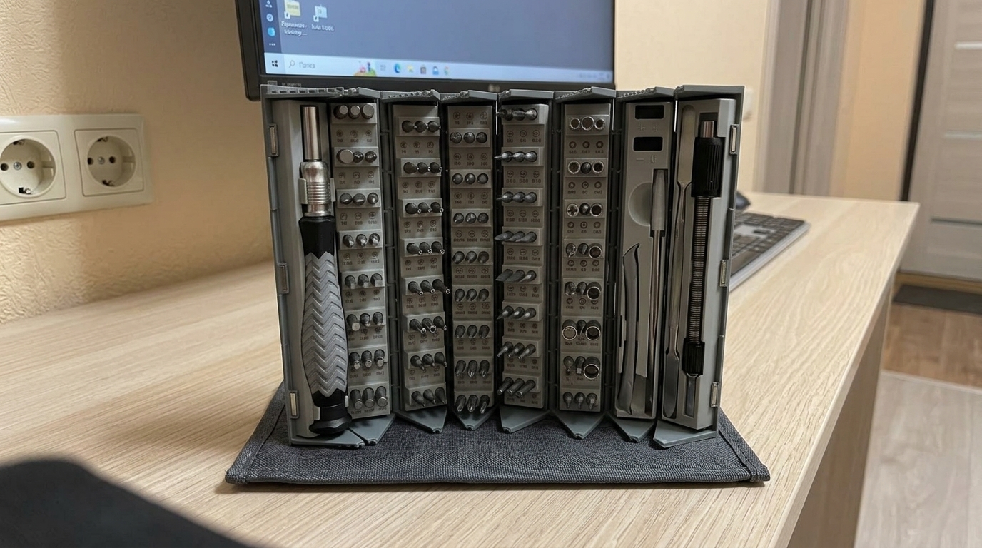 Набор отвёрток 126-в-1 — открываю им всё, вплоть до MacBook. Цилиндрический чехол вместо привычного кейса — удобнее, чем кажется.. Фото.