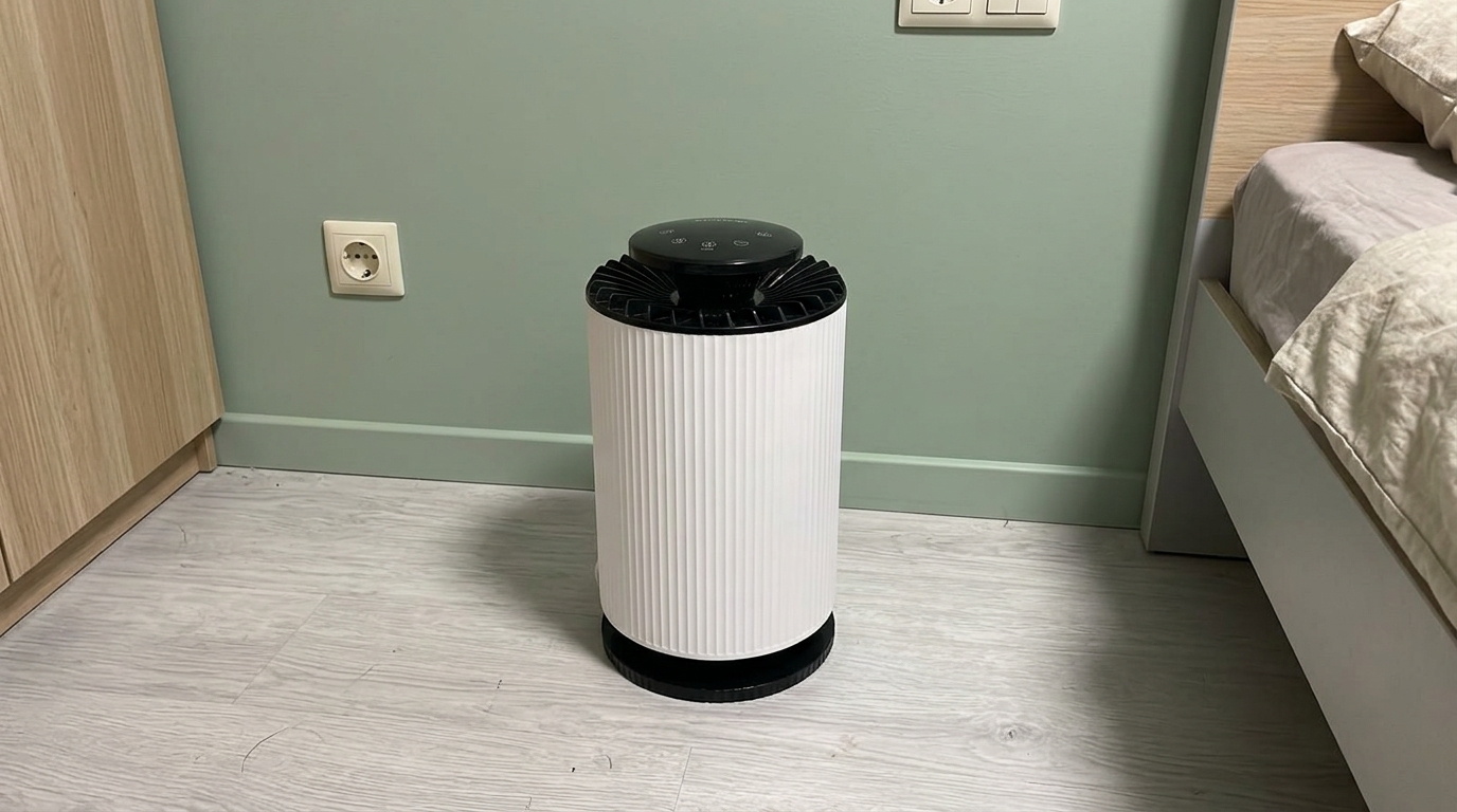 Очиститель воздуха — поставил под стол и дышу спокойно. Настольный формат, но фильтр HEPA H13 — как у серьёзных напольных моделей.. Фото.