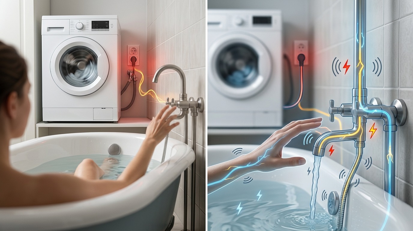 В том, чтобы не мыться в ванной при включенной стиралке, точно есть смысл. Фото.