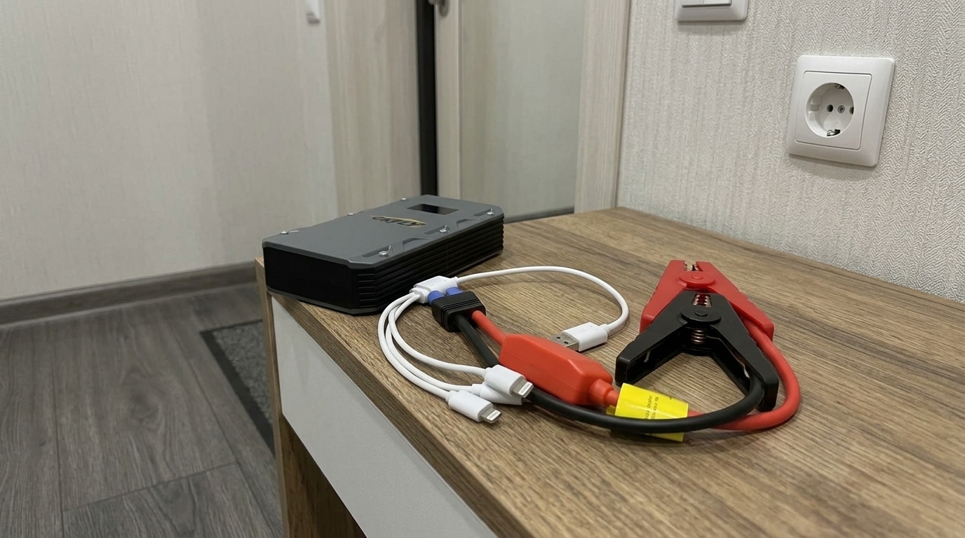 Пусковое устройство — заряжаю АКБ и даже Айфон. Лежит в бардачке с прошлой зимы — один раз уже спас от эвакуатора.. Фото.