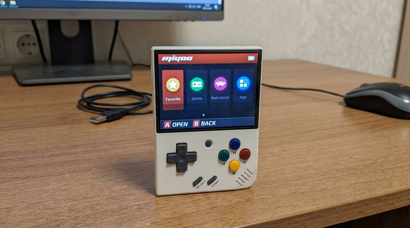 Ретро-консоль Miyoo Mini Plus — играю на ней вместо Айпада. Пока жена в магазине, я прохожу Contra — всё как в детстве.. Фото.