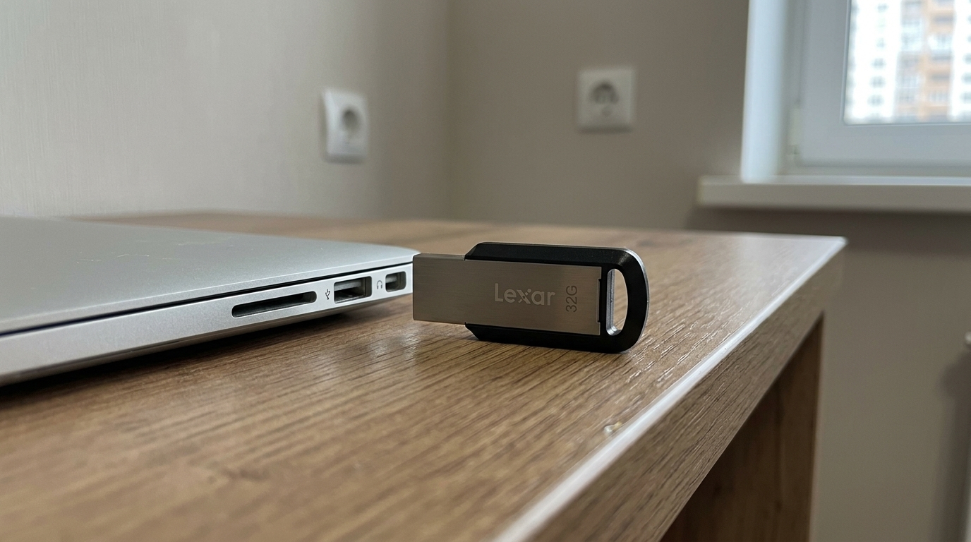 Lexar JumpDrive M400 на 32 ГБ — лежит у меня в ключнице. Маленькая металлическая флешка, которую не страшно таскать на связке ключей.. Фото.