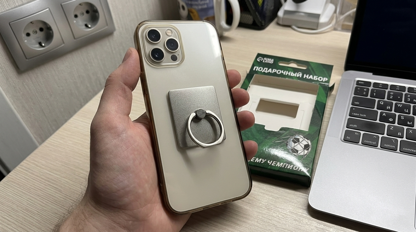 Кольцо-держатель на заднюю крышку Айфона. Клеится на чехол и спасает руку, когда телефон уже не лопатка, а лопата.. Фото.
