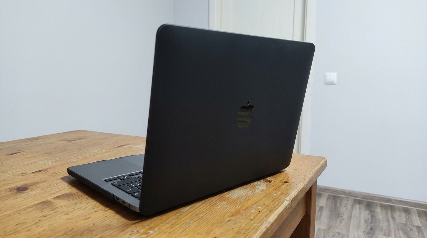 Матовый чехол для MacBook — надел осенью, снимать не планирую. Чёрный матовый пластик, не скользит, не царапается — ноутбук как в броне. Фото.