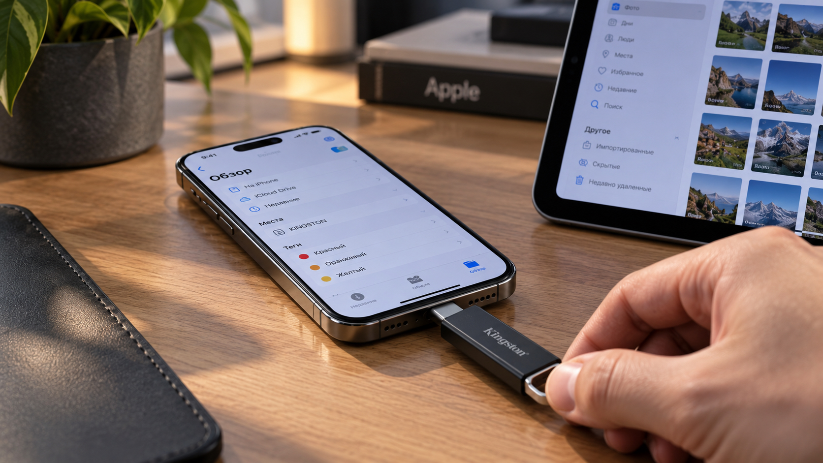 Флешка выдергивается из разъема USB-C iPhone. Фото.
